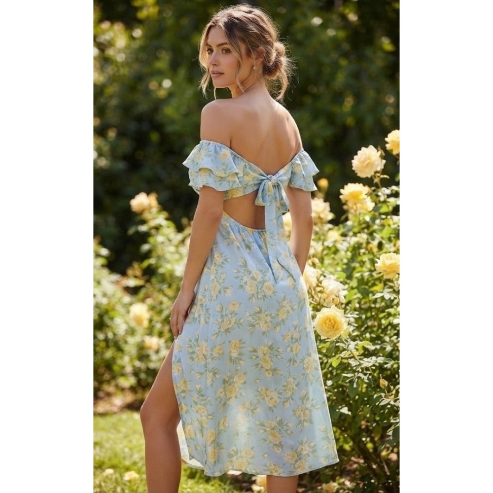 Altar'd State Blue Yellow Satin Floral Ruffle Sleeveless Back Tie Slit Romantic